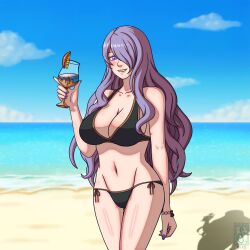 1girls 4thanysc alternate_costume bare_legs beach bikini black_bikini black_swimsuit blue_sky breasts camilla_(fire_emblem) cleavage fire_emblem fire_emblem_fates large_breasts nintendo ocean purple_eyes purple_hair sand sokloeum swimsuit