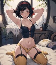 1girl 1girls ai_generated anime anime_style bed bedroom black_hair blush bow breasts brown_eyes cleavage corset disney disney_princess hairband hands_behind_head kneeling light-skinned_female light_skin looking_at_viewer midriff navel notreallyhere pale pale-skinned_female pale_skin panties pillow short_hair smile snow_white_(disney) snow_white_and_the_seven_dwarfs solo stockings thighhighs young younger_female