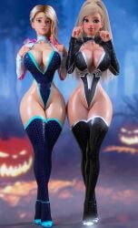 2girls 3d 3d_(artwork) alternate_breast_size areola_slip asymmetrical_hair barbara_millicent_roberts barbie:_life_in_the_dreamhouse barbie_(franchise) big_ass blonde_hair crossover female female_only french_nails gwen_stacy gwen_stacy_(spider-verse) high_heels hourglass_figure marvel marvel_comics ruidx spider-gwen spider-gwen_(spider-verse) spider-man:_across_the_spider-verse spider-man_(series)