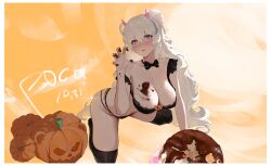 animal_ears areola_slip arknights bear_ears bear_tail black_bow black_bowtie black_bra black_thighhighs blue_eyes blush bow bowtie bra breasts cake chocolate chocolate_on_body chocolate_on_breasts chocolate_on_hand cleavage demon_horns facial_tattoo female food food_on_body food_on_hand hair_between_eyes halloween heart heart_tattoo heterochromia hi_res horns jack-o'-lantern kneeling large_breasts lips long_hair multicolored_hair pumpkin red_eyes rosa_(arknights) sawaki_ken solo spread_legs streaked_hair tail tattoo thighhighs thighs underwear very_long_hair wavy_hair white_hair