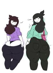 2girls ass ass_cleavage ass_focus big_ass black_hair bottom_heavy breasts brown_hair bubble_butt butt_crack clothing dat_ass daughter dialogue fat_ass hand_on_hip huge_ass jaiden jaiden_animations jaidens_mom jeans large_ass looking_at_viewer looking_back milf mother mother_and_daughter panties pants redraw shirt text theimmortalguy thick_ass thick_thighs wide_hips youtube youtuber