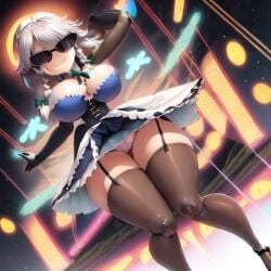 ai_generated armpits bimbo bimbo_body bimbofication bimbofied body_modification cleavage corset dollification female garter_straps high_heels hourglass_figure huge_ass huge_breasts implied_transformation knick_knack midriff npg8993 panties permanent_smile sakuya_izayoi smile sunglasses sunnification thick_thighs thin_waist touhou transformation wide_hips