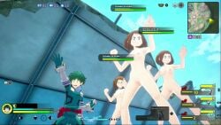 1boy 3girls animated brown_hair camera_view clothed_male_nude_male completely_nude ending explosion freckles green_hair izuku_midoriya izuku_midoriya_(hero_outfit) mod my_hero_academia my_hero_academia_ultra_rumble nude nude_female ochako_uraraka open_mouth outdoors outside pussy sound tagme uncensored video video_game video_recording