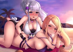 2girls absurdres ass beach bikini blush braid breasts choker emilia_(re:zero) feet hair_ornament hand_on_back highres huge_ass large_breasts looking_back lotion lying multiple_girls on_stomach one-piece_swimsuit orange_hair ponytail priscilla_barielle purple_eyes re:zero_kara_hajimeru_isekai_seikatsu red_eyes relpama smile sunglasses sunscreen sunset swimsuit thick_thighs thighs thong_bikini towel yuri