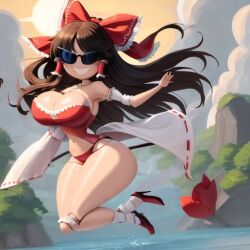 ai_generated armpits bikini bimbo bimbo_body bimbofication bimbofied body_modification bra dollification female high_heels hourglass_figure huge_ass huge_breasts implied_transformation knick_knack midriff npg8993 panties permanent_smile reimu_hakurei smile sunglasses sunnification thick_thighs thin_waist touhou transformation wide_hips