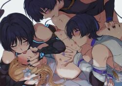 4boys breast_sucking breasts demon_tail foursome genshin_impact glowing_eyes grabbing__breast hickey incubus kissing large_breasts lumine_(genshin_impact) nan7719318 nipple_play pale-skinned_male pale_skin purple_eyes purple_hair saliva saliva_trail scaramouche_(genshin_impact) sucking_nipples