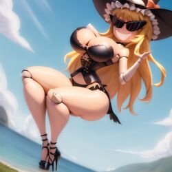 ai_generated armpits bimbo bimbo_body bimbofication bimbofied body_modification corset dollification female high_heels hourglass_figure huge_ass huge_breasts implied_transformation marisa_kirisame midriff npg8993 panties permanent_smile smile sunglasses sunnification thick_thighs thin_waist touhou transformation wide_hips