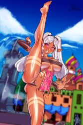 clitoris clitoris_peek elf grey_hair harem_outfit jirs large_breasts lycosa_(notobliv) pink_eyes pointy_ears tan_body tan_skin tanline thong thong_over_anus