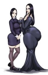 2girls hyper_thighs massive_thighs mature_female milf morticia_addams mother_and_daughter sunnysundown the_addams_family thunder_thighs wednesday_addams white_background