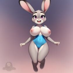 ai_generated anthro blue_swimsuit breasts_out bunny_girl cameltoe disney female halfaslime judy_hopps jumping large_breasts looking_at_viewer nipples purple_eyes rabbit solo stable_diffusion zootopia