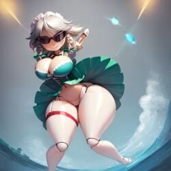 ai_generated armpits bimbo bimbo_body bimbofication bimbofied body_modification cleavage corset dollification female garter_straps high_heels hourglass_figure huge_ass huge_breasts implied_transformation knick_knack midriff npg8993 panties permanent_smile sakuya_izayoi smile sunglasses sunnification thick_thighs thin_waist touhou transformation wide_hips