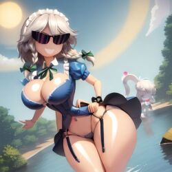 ai_generated armpits bimbo bimbo_body bimbofication bimbofied body_modification cleavage corset dollification female garter_straps high_heels hourglass_figure huge_ass huge_breasts implied_transformation knick_knack midriff npg8993 panties permanent_smile sakuya_izayoi smile sunglasses sunnification thick_thighs thin_waist touhou transformation wide_hips