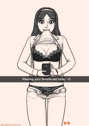 2016 bashfulbeckon beatrice_"bea"_beckham_(bashfulbeckon) cellphone flower_print_panties holding_shirt_with_mouth lace-trimmed_bra lace-trimmed_panties mirror_selfie original selfie sexting shirt_lift showing_off snapchat unbuttoned_pants