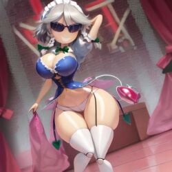 ai_generated armpits bimbo bimbo_body bimbofication bimbofied body_modification cleavage corset dollification female garter_straps high_heels hourglass_figure huge_ass huge_breasts implied_transformation knick_knack midriff npg8993 panties permanent_smile sakuya_izayoi smile sunglasses sunnification thick_thighs thin_waist touhou transformation wide_hips