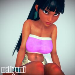 3d 3d_(artwork) big_breasts black_hair breasts chel clothed clothing dark_skin deliyumix huge_breasts looking_at_viewer sitting suggestive twitter twitter_username