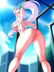 anus ass_focus enomoto_monosuga_(themutecynic) horns huge_anus jirs large_breasts pointy_ears solo white_hair