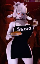 2021 3d_(artwork) absurd_res anthro apron apron_only artist_name bedroom_eyes big_breasts bovid breasts caprine clothing collar curvy_figure detailed_background dialogue digital_media_(artwork) english_text eyelashes female fingers food fur goat goat_lucifer_(helltaker) hair helltaker hi_res horn huge_breasts looking_at_viewer lucifer_(helltaker) mammal markings milk mole_(marking) mostly_nude narrowed_eyes pancake red_eyes seductive short_hair smile solo source_filmmaker standing talking_to_viewer teeth text text_on_apron text_on_clothing thick_thighs tongue tongue_out voluptuous white_body white_fur white_hair wide_hips yamimarik1994