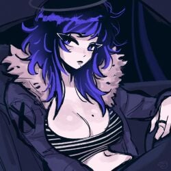 1girls angel birthmark birthmark_on_breasts car cross-shaped_pupils eyeliner fallen_angel halo kaina_(megrocks) large_breasts long_hair looking_at_viewer megrocks midriff original original_character pale_skin purple_eyes purple_hair reference ring scott_pilgrim