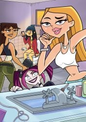 4girls axel_(tdi) bathroom black_hair blonde_hair brown_eyes brown_hair female female_only julia_(tdi) lips lipstick mk_(tdi) necklace phone purple_eyes purple_hair riccardus97 scary_girl_(tdi) sink sitting_on_toilet tagme total_drama_island total_drama_island_(2023)