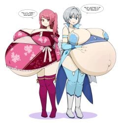 2girls belly big_belly big_breasts blue_eyes breasts clothed clothing commission female female_focus female_only gray_hair huge_belly huge_breasts hyper_pregnancy light-skinned_female light_skin moe_ninja_girls multiple_girls multiple_pregnancies myu_momochi pink_eyes pink_hair pregnancy pregnant ready_to_pop ricka_machiyuki short_hair straight tagme twintails white_background white_hair zeruxu