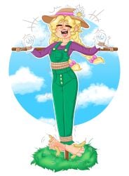 blonde_hair feathers feet female female foot_fetish kinkynaut laugh laughing overalls scarecrow stardew_valley tickling tickling_feet