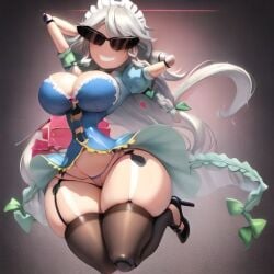 ai_generated armpits bimbo bimbo_body bimbofication bimbofied body_modification cleavage corset dollification female garter_straps high_heels hourglass_figure huge_ass huge_breasts implied_transformation knick_knack midriff npg8993 panties permanent_smile sakuya_izayoi smile sunglasses sunnification thick_thighs thin_waist touhou transformation wide_hips