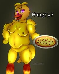 1girls animatronic anthro avian beak bird breasts chica_(fnaf) chicken chubby classic_chica_(fnaf) feathers female five_nights_at_freddy's machine mammal nipples nude nude_female pizza purple_eyes pussy robot solo yellow_feathers