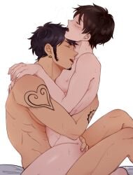 anal black_hair earrings gay long_sideburns male male/male male_only monkey_d_luffy no_visible_genitalia one_piece penetration scar sideburns skinny sweat tattoo trafalgar_law yaoi