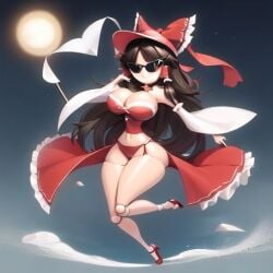 ai_generated armpits bikini bimbo bimbo_body bimbofication bimbofied body_modification bra dollification female high_heels hourglass_figure huge_ass huge_breasts implied_transformation knick_knack midriff npg8993 panties permanent_smile reimu_hakurei smile sunglasses sunnification thick_thighs thin_waist touhou transformation wide_hips