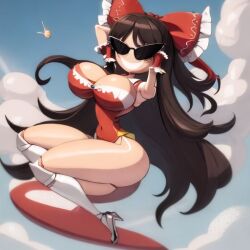 ai_generated armpits bikini bimbo bimbo_body bimbofication bimbofied body_modification bra dollification female high_heels hourglass_figure huge_ass huge_breasts implied_transformation knick_knack midriff npg8993 panties permanent_smile reimu_hakurei smile sunglasses sunnification thick_thighs thin_waist touhou transformation wide_hips