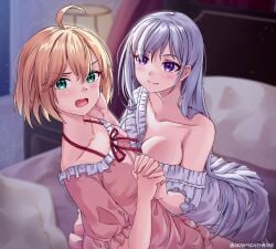 2girls anisphia_wynn_palettia bedroom blonde_hair blurry blurry_background blush breasts cleavage euphyllia_magenta green_eyes grey_hair hand_on_another's_face highres holding_hands interlocked_fingers large_breasts long_hair looking_at_another looking_at_viewer multiple_girls nightgown off_shoulder on_bed open_mouth pink_nightgown purple_eyes red_ribbon ribbon seraphim_throne short_hair single_bare_shoulder smile tensei_oujo_to_tensai_reijou_no_mahou_kakumei very_long_hair white_nightgown yuri