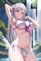 1futa balls bangs big_breasts bikini breasts bulge clothed clothing edit emilia_(re:zero) flaccid futa_only futanari gibuchoko human large_breasts light-skinned_futanari light_skin long_hair mostly_nude penis purple_eyes re:zero_kara_hajimeru_isekai_seikatsu silver_hair solo standing water wet white_hair