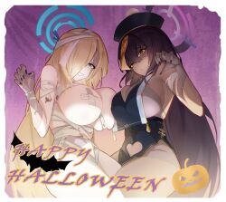 2girls asuna_(blue_archive) bandages black_hair black_headwear blue_archive blue_eyes blue_halo breasts clothing_cutout fingernails hair_between_eyes hair_over_one_eye halloween halloween_costume halo happy_halloween hat heart_cutout highres jiangshi_costume joker0744g karin_(blue_archive) large_breasts light_brown_hair long_hair millennium_science_school_student multiple_girls mummy_costume nail_polish naked_bandage ofuda open_mouth patchwork_skin pelvic_curtain purple_halo purple_nails smile yellow_eyes