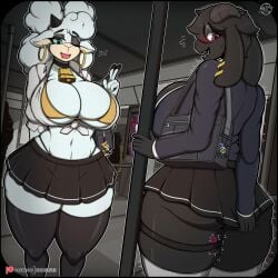 2023 2d 2d_(artwork) 2girls anthro anthro_only anthrofied ass big_ass big_breasts big_butt big_thighs bikini black_eyeshadow black_fur black_thighhighs blue_eyes blush bookbag bovid breasts caprine child_bearing_hips cleavage collar cowbell crop_top deltarune ear_piercing ear_piercings earring earrings eyeshadow female female_focus female_only furry furry_female furry_only glasses gloves goat hi_res highres hips lanolin_the_sheep large_ass large_breasts large_butt large_thighs lip_piercing midriff navel nervous peace_sign pink_eyes pulling_skirt ralsei rule_63 sheep short_skirt skimpy skimpy_clothes skindentation slim_waist smile smiling smiling_at_viewer sonic_(series) sonic_the_hedgehog_(comics) sonic_the_hedgehog_(idw) sonic_the_hedgehog_(series) suit thick_thighs thighhighs thighs train train_interior undertale undertale_(series) vibrator vibrator_cord white_fur wide_hips yellow_bikini zak_hitsuji