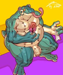 2023 3_fingers amphibian anthro ass balls barely_visible_balls barely_visible_genitalia big_penis biped black_pupils blue_body blue_skin candy chubby_anthro chubby_male cosplay dessert facial_markings fingers flaccid food foreskin frankenstein's_monster froen_(zi_ran) frog genitals glans green_body green_skin halloween head_markings hi_res holding_object holidays horizontal_pupils leg_markings lollipop male markings nude obese obese_anthro obese_male overweight overweight_anthro overweight_male penis pupils purple_background screw short_tail simple_background sitting solo stitch_(sewing) tail tan_body tan_skin tongue tongue_out yellow_background yellow_sclera zi_ran