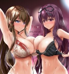 2girls armpits arms_behind_head arms_up asymmetrical_docking bangs blue_eyes bra brown_hair duo eyebrows_visible_through_hair female female_only hair_ornament large_breasts light-skinned_female light_skin looking_at_viewer marvelous mash_mao midriff murasaki_(senran_kagura) navel no_panties purple_eyes purple_hair ribbon senran_kagura sidelocks simple_background smile standing steam straight_hair text toki_(senran_kagura) underwear underwear_only undressing very_long_hair