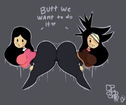 2girls alternate_self ass ass_to_ass bandage big_breasts black_hair buddy_armstrong butt_bump curvaceous dumplis_(artist) edit female_only huge_ass lisa_(series) lisa_the_joyful lisa_the_painful long_hair poncho