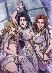 3girls aleera ambiguous_gender artist_request ass ass_cleavage auburn_hair belly_dancer belly_dancer_outfit black_hair blonde_hair blue_eyes bride_of_dracula cleavage fangs harem harem_girl harem_outfit huge_breasts kate-fox large_breasts long_hair marishka nightmare_waifu public_domain purple_eyes vampire van_helsing_(2004) verona