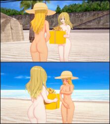 2girls abby_(retropunch) ass barefoot beach birthday_gift blonde_hair breasts completely_nude completely_nude_female covering covering_breasts covering_crotch covering_pussy daisy_dew embarrassed_nude_female enf female female_only long_hair multiple_girls naked_hat navel nipple_peek nipples nude nude_beach nude_female present pussy retropunch sun_hat throwawayforlulz wholesome