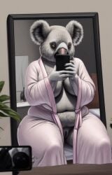 2023 ai_generated anthro bear bed bed_sheet bedroom bedroom_eyes black_nose fat female female_focus female_only furry furry_only grandmother grey_body grey_fur grey_hair holding holding_object holding_phone koala looking_at_phone old older older_female overweight overweight_anthro overweight_female phone sexy.ai solo solo_anthro solo_female solo_focus solo_in_panel tag tagme taking_photo taking_picture taking_selfie