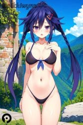 ai_generated ass_visible_through_thighs bikini black_bikini blue_hair blush braid breasts cowboy_shot day female front-tie_top hair_between_eyes hair_ornament hairclip hand_on_own_chest highleg highleg_bikini kurome_ankokuboshi long_hair looking_at_viewer medium_breasts navel neptunia_(series) open_mouth outdoors pikkiwynn purple_eyes sky solo swimsuit twin_braids twintails very_long_hair