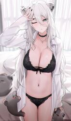 1girls ahoge animal_ear_fluff animal_ears black_bra black_choker black_panties breasts cleavage ear_piercing grey_eyes grey_hair hair_between_eyes hololive hololive_gen_5 hololive_japan large_breasts lingerie lion_ears lion_girl long_hair long_sleeves navel one_eye_closed open_clothes open_shirt shishiro_botan solo virtual_youtuber wanne white_shirt