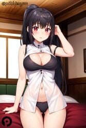 ai_generated arifureta_shokugyou_de_sekai_saikyou arm_up ass_visible_through_thighs bare_arms bare_shoulders black_bra black_hair black_panties blush bra breasts buttons cleavage collared_shirt cowboy_shot female hand_up indoors large_breasts long_hair looking_at_viewer navel panties partially_unbuttoned pikkiwynn ponytail red_eyes shirt sidelocks sitting sleeveless sleeveless_shirt solo stomach thigh_gap thighs underwear white_shirt yaegashi_shizuku