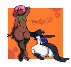 2girls anus anus_peek big_ass blue_hair bottom_heavy cave_story dark-skinned_female female_only halloween misery_(cave_story) multiple_girls no_underwear original_character outfit_swap pale-skinned_female pants_down pink_hair royalmilk20 slutty_witch_(royalmilk20) vagina wide_hips witch witch_hat