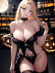 1girls ai_generated ai_mirror bat belly_button black_bodysuit blonde_hair blue_eyes blush building earrings full_moon hand_holding_hair jack-o'-lantern long_hair medium_breasts moon pumpkin thick_thighs white_skin