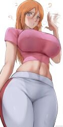 1girls ? alternate_version_available artist_name bleach blush breasts clothed coop_osen female female_only fit_female fully_clothed hi_res hourglass_figure huge_breasts inoue_orihime large_breasts light-skinned_female light_skin long_hair midriff naughty_face navel orange_hair slim_waist solo sweat thick_thighs watermark wide_hips zon-leesean