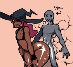 1girls against_wall anal anal_sex anon ass ass big_ass big_butt bottom_heavy broken_wall cracked_wall dark-skinned_female fat_ass fat_butt oiled oiled_ass original_character pink_hair royalmilk20 slutty_witch_(royalmilk20) thick_thighs wide_hips witch witch_hat