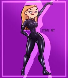 1girls black_latex blonde blonde_hair bodysuit breasts cartoon_network female hand_on_hip julia_(tdi) latex latex_suit long_hair purple_background purple_eyes solo_female solo_focus tdkai_art tight_suit total_drama total_drama_(series) total_drama_island total_drama_island_(2023)