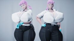 3d 3d_(artwork) alternate_body_type alternate_breast_size beth_uwu big_breasts blue_eyes breasts_bigger_than_head glasses gloves huge_breasts nurse nurse_joy pink_hair pokemon pov