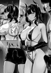 2boys blush breasts censored censored_nipples cleavage covered_nipples demon_girl demon_horns erection female grabbing grabbing_another's_breast highres horns lynus monochrome multiple_boys naoko-san original sideboob slingshot_swimsuit straight swimsuit